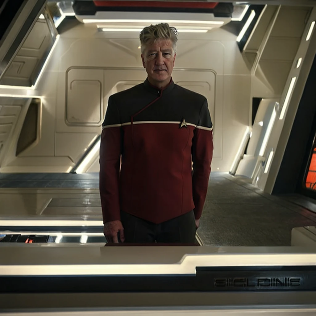 David lynch in red sttldunf uniform,on starship bridge, bright lighting, neutral expression