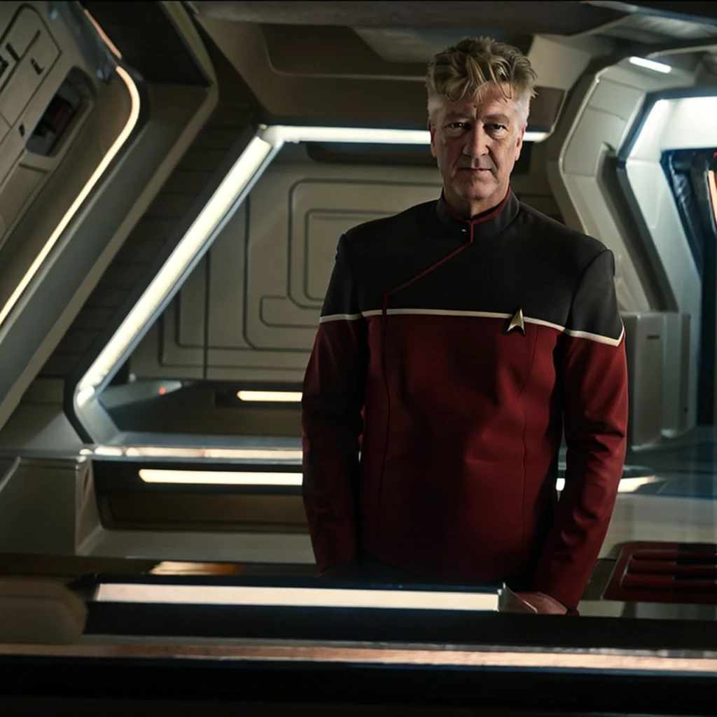 David lynch in red sttldunf uniform,on starship bridge, bright lighting, neutral expression