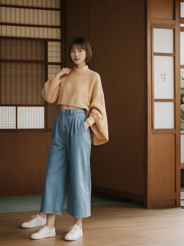 her name is Asako, high quality, 1girl, ((20-year-old fit Caucasian woman)), ((20 years old)), ((slim)), ((Korean Short Bob)), pose: standing, wearing trendsetting Generation-Z modern wear different colored, BACKGROUND: "Inside a traditional teahouse, experiencing a serene tea ceremony."