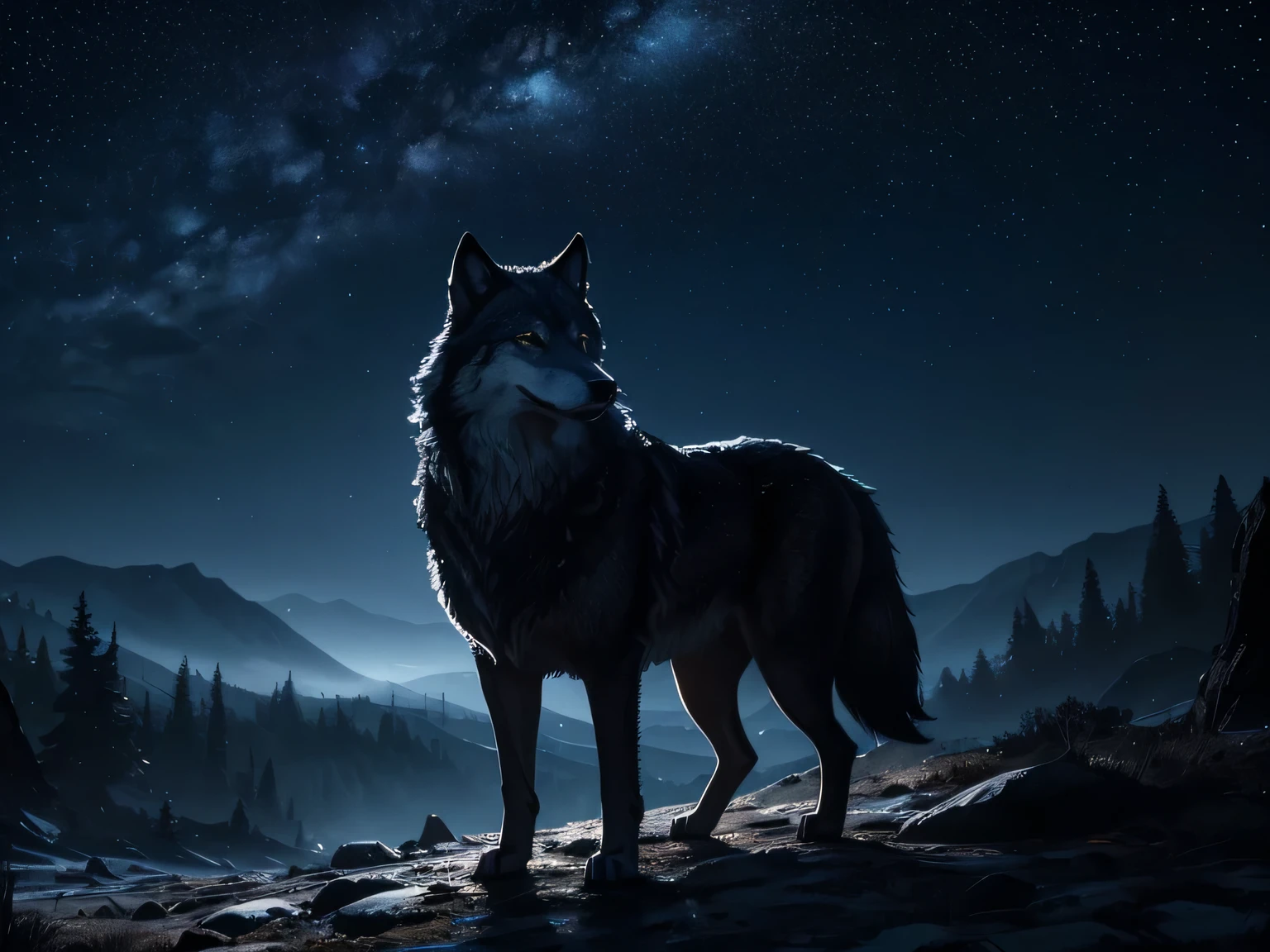 loba mãe terra ((oil painting, sharp focus)), vivid colors, moonlit landscape, dense forest, howling under the moonlight, mesmerizing view, glowing eyes, nighttime atmosphere, majestic posture, isolated silhouette, shadows and highlights, ominous presence, distant twinkling stars, tranquil ambiance, cores fortes, brilho luz, (best quality,4k,8k,highres,masterpiece:1.2),ultra-detailed,(realistic,photorealistic,photo-realistic:1.37