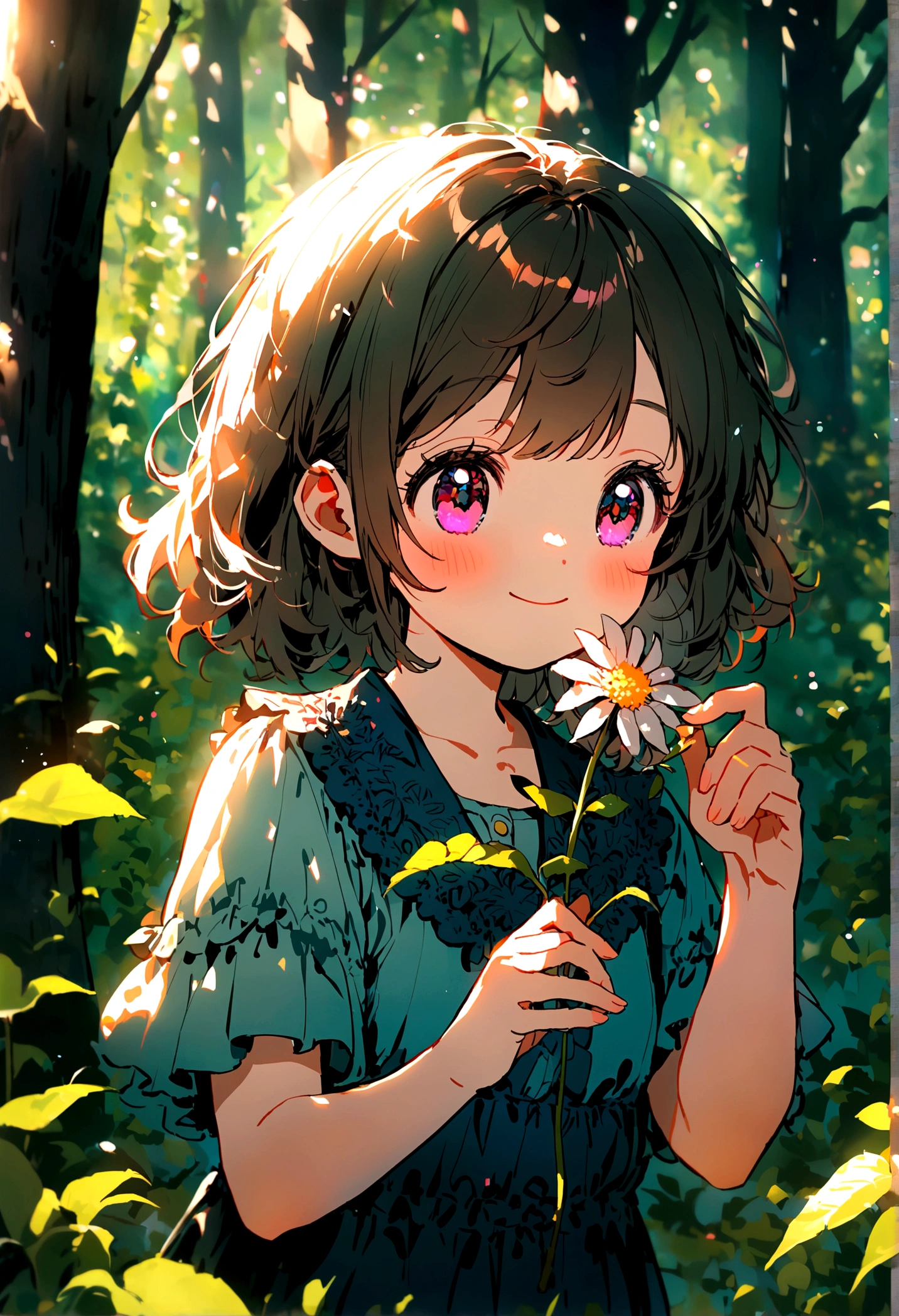 picking flowers, In the woods, ,Vibrant colors,Soft lighting