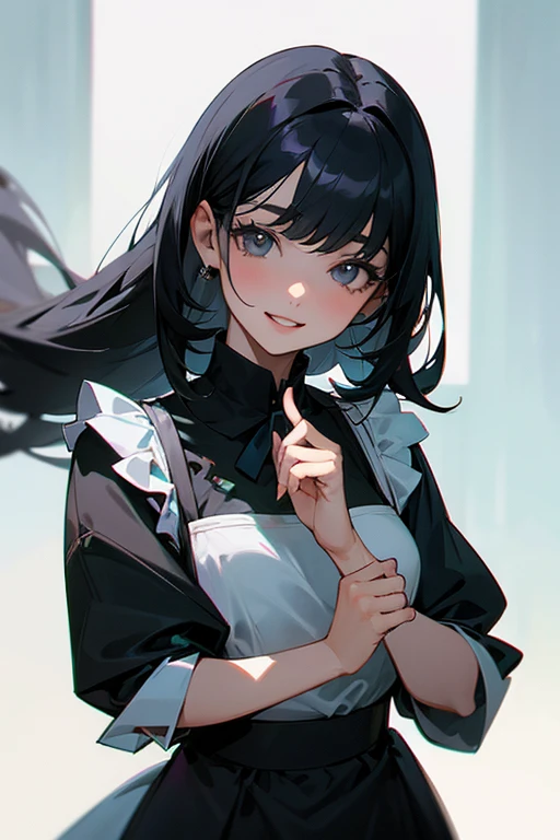 (Highest Resolution, clear_image) Highest quality, single, One woman, alone, masterpiece, Very detailed, Semi-realistic, Black Hairのショートヘア, Black Hair, bangs, 18-year-old, mature, Light blue , Indoor Background, kind, Authoritative, Powerful, exquisite features, exquisite features、Eyelashes become longer、Showing teeth、smile😀、Maid clothes、woman'Fingers in the、Sleeping on the sofa、Long Hair、Fluttering in the wind、((Off-the-shoulder clothing))