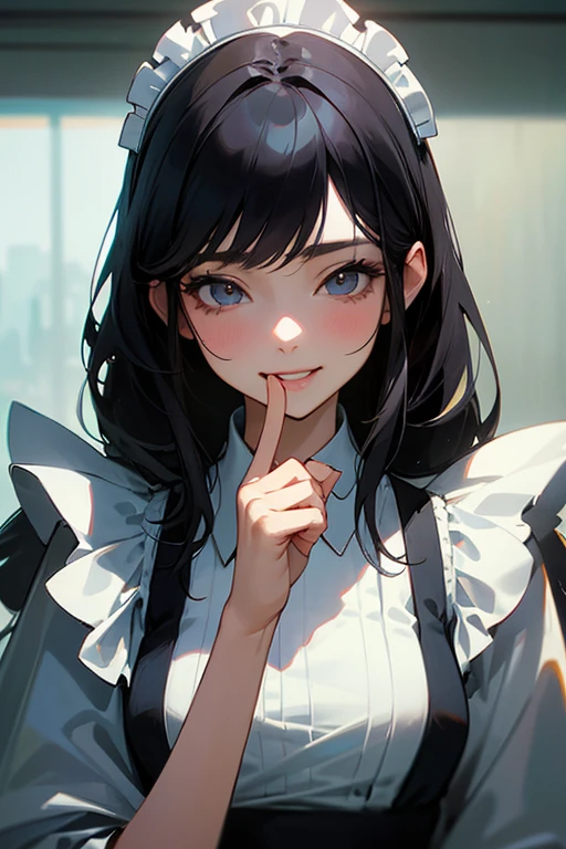 (Highest Resolution, clear_image) Highest quality, single, One woman, alone, masterpiece, Very detailed, Semi-realistic, Black Hairのショートヘア, Black Hair, bangs, 18-year-old, mature, Light blue , Indoor Background, kind, Authoritative, Powerful, exquisite features, exquisite features、Eyelashes become longer、Showing teeth、smile😀、Maid clothes、woman&#39;Fingers in the、Sleeping on the sofa、Long Hair、Fluttering in the wind、((Off-the-shoulder clothing))