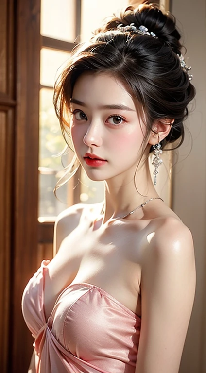 best quality, masterpiece, Ultra-high resolution, (Reality: 1.4), original photo, 1 Girl, Pink strapless, light