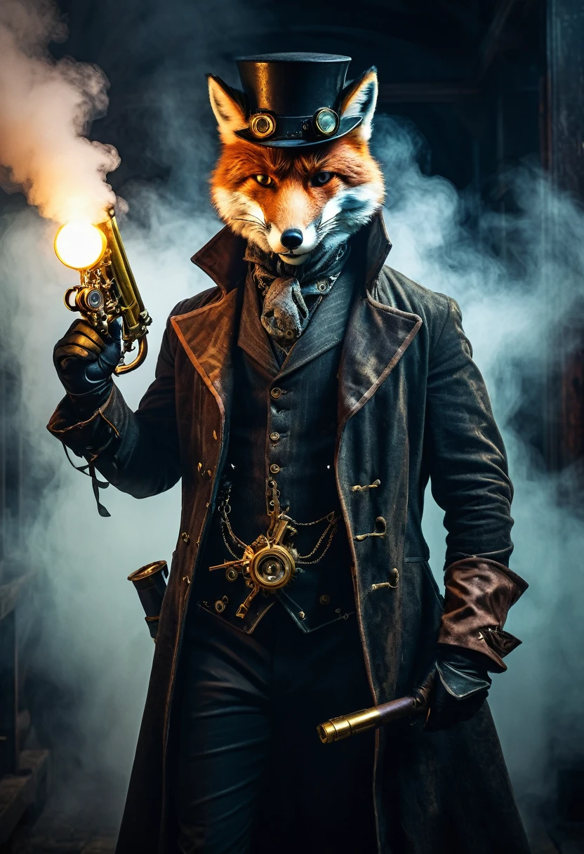 a victorian xix century, gaslamp fantasy style scene, steampunk detective with a glass mechanical arm, a broken fox mask covers half of its face. a giant three barrel steampunk brass shotgun resting on his shoulder, in a dynamic pose, leather outfit. Standing over a gargola edge, moody lighting, fog ethereal dramatic atmosphere, high contrast, cinematic, intricate details, ornate steampunk design, brass metal textures, glowing steam vents, mechanical gears, cogs, rivets, steam powered technology, chiaroscuro lighting, deep shadows, cool color tones, muted palette, photorealistic, 8k, ultra-detailed, best quality, masterpiece, ñ