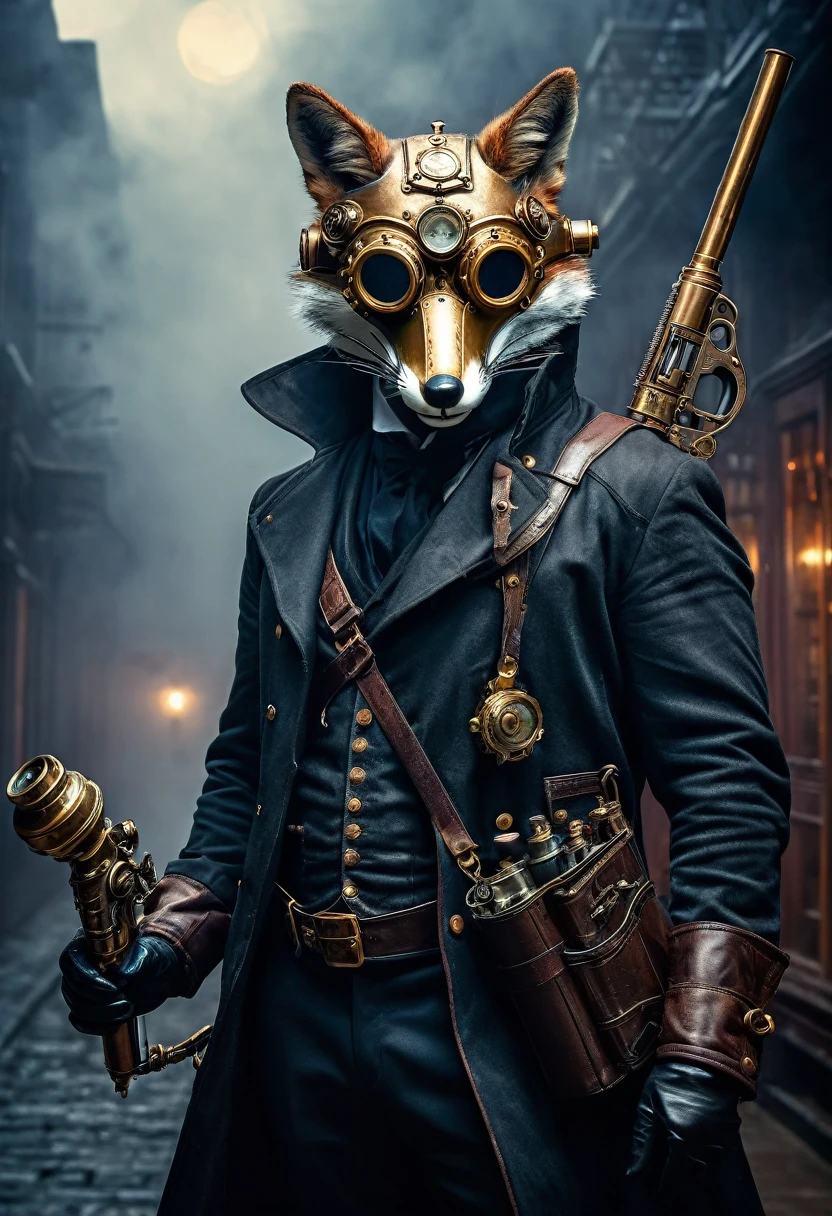 a victorian xix century, gaslamp fantasy style scene, steampunk detective with a glass mechanical arm, a broken fox mask covers half of its face. a giant three barrel steampunk brass shotgun resting on his shoulder, in a dynamic pose, leather outfit. Standing over a gargola edge, moody lighting, fog ethereal dramatic atmosphere, high contrast, cinematic, intricate details, ornate steampunk design, brass metal textures, glowing steam vents, mechanical gears, cogs, rivets, steam powered technology, chiaroscuro lighting, deep shadows, cool color tones, muted palette, photorealistic, 8k, ultra-detailed, best quality, masterpiece, ñ