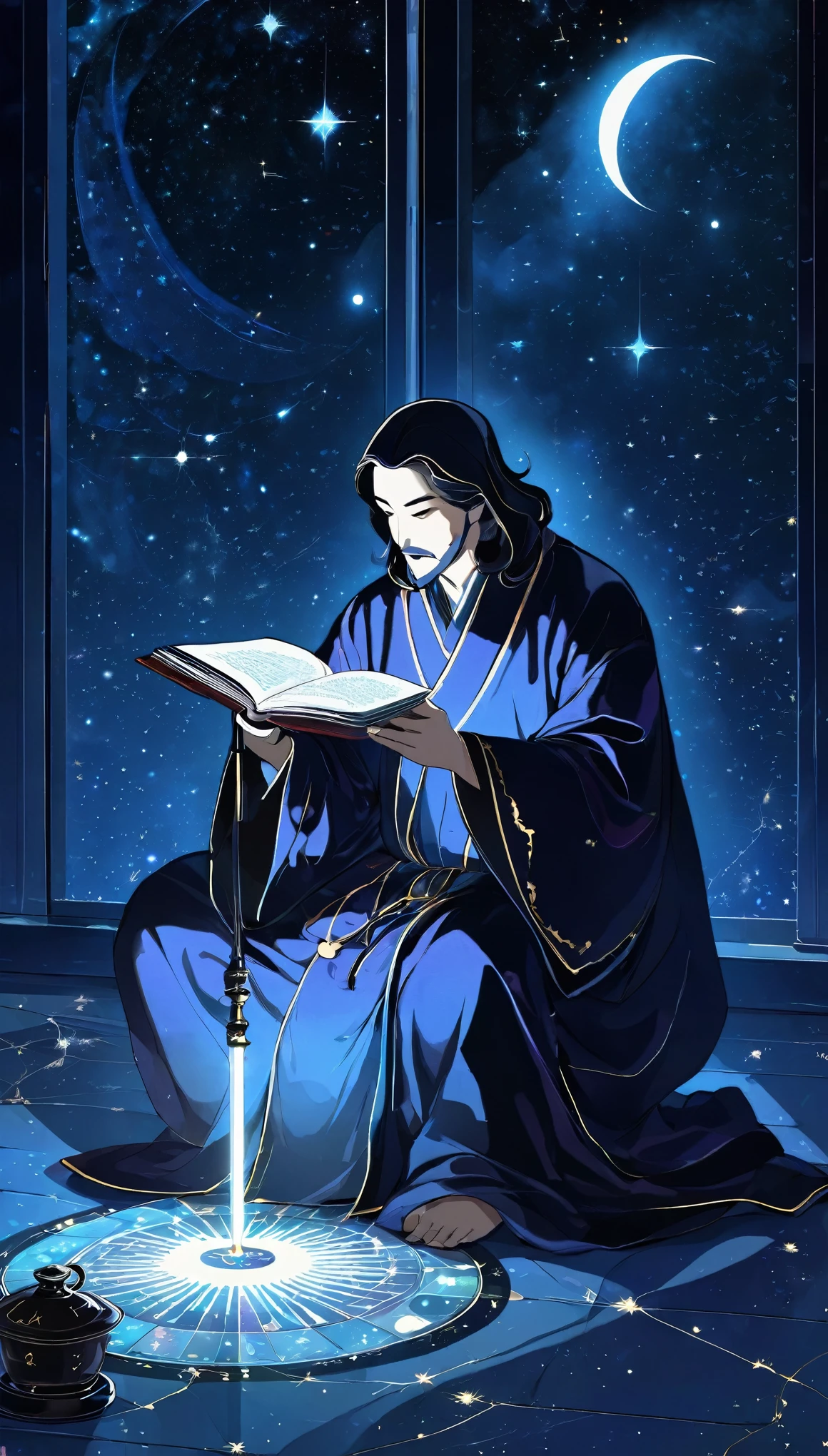 best quality, super fine, 16k, 2.5D, delicate and dynamic depiction, dark astrologer, wearing heated robe and only shadow of his face is visible, sits on the floor and begins to read fortunes, dimly lit room filled with large number of astrological tools, mysteriously glowing horoscope, moon, sun, stars, constellations, mysteriously sinister effects