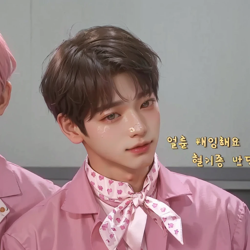 there are two men in pink shirts and ties next to each other, Jungkook, Kim Doyoung, Taehyung eating Gucci fries, Jimin\the Greek nose, smooth in _ o fundo, Jinyoung Shin, adorable and pale korean face, Jimin\the right eyelid is swollen, giga chad crying, solid track record, ironic smile, hyung tae, ten lee, femboy, effeminate, androgen, cute girl, JUNGKOOK, rose, wonyoung 