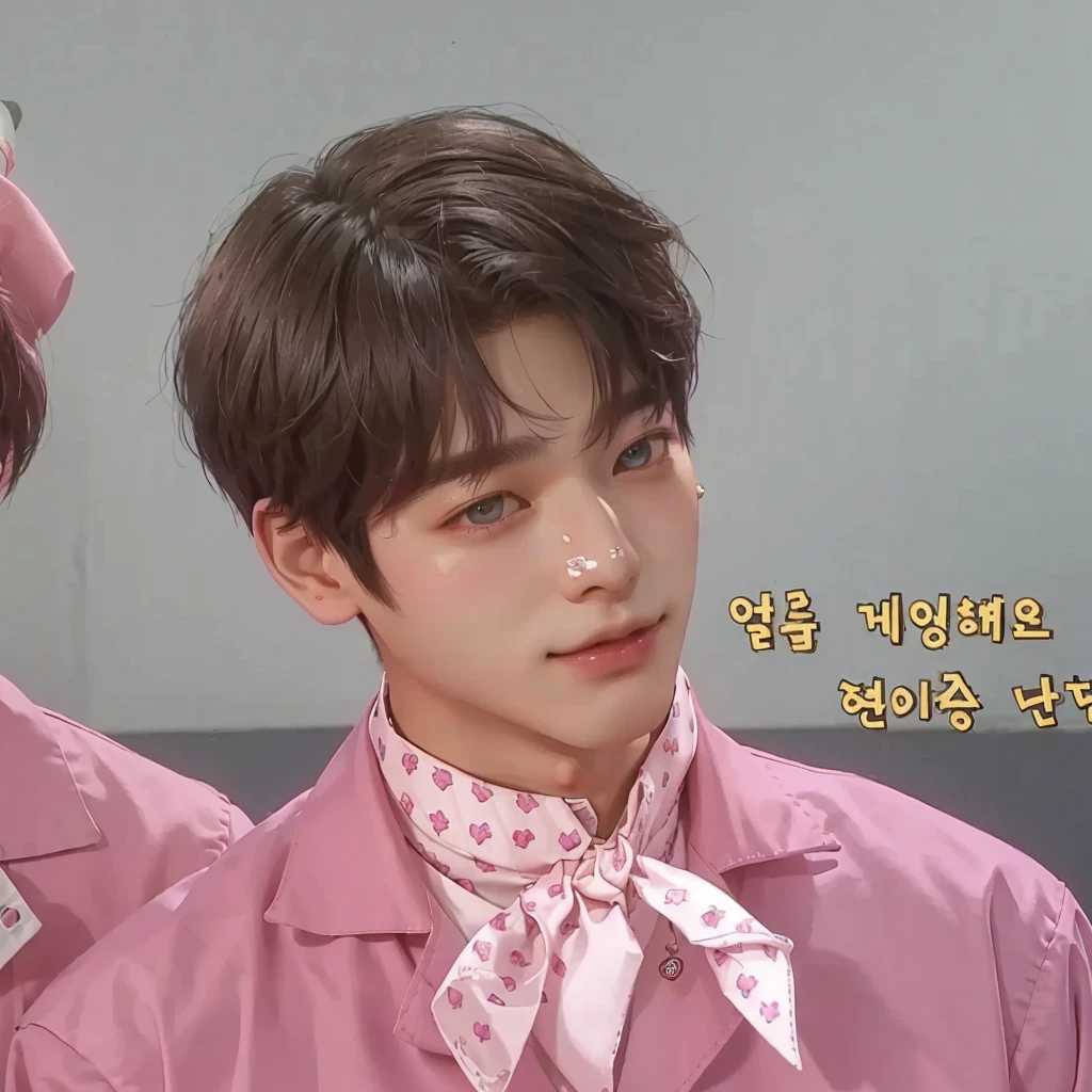 there are two men in pink shirts and ties next to each other, Jungkook, Kim Doyoung, Taehyung eating Gucci fries, Jimin\the Greek nose, smooth in _ o fundo, Jinyoung Shin, adorable and pale korean face, Jimin\the right eyelid is swollen, giga chad crying, solid track record, ironic smile, hyung tae, ten lee, femboy, effeminate, androgen, cute girl, JUNGKOOK, rose, wonyoung 