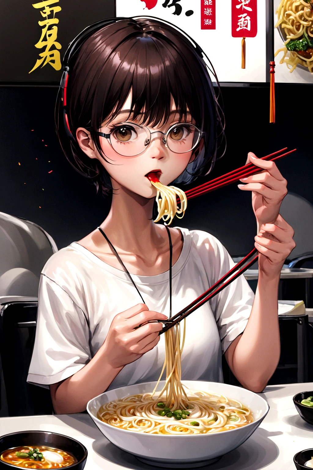 (extremely detailed fine touch:1.3), solo, 1girl, (((semi-rimless eyewear:1.3))), (headphone:1.2), short hair, blunt bangs, white shirt, bare arms, sweaty, Girl eating noodles with chopsticks, A with a slurping ramen