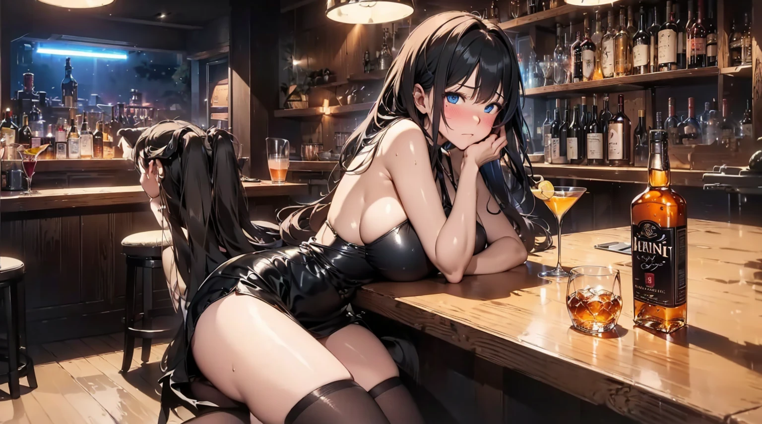 best quality, 4K, high resolution, masterpiece:1.2, Extremely detailed），Sad expression looking at the camera，Large Breasts,30 years old girl,独奏,black hair,long hair,blue eyes,(drunk,blush),sitting,drinking,((Mature sexy body))，Black stockings，Black tight skirt, Mature sexy body,holding mug,counter,pub,(Fashion bar) indoors, ((Cocktail Glass) Full of colorful wine), (dimly light room), Wine Bottle, Detailed background，Fluffy hair，((((Night scene background))))), (((at the bar))), wine, whiskey, High ball,(Shiny and glowing, Effect:1.2)