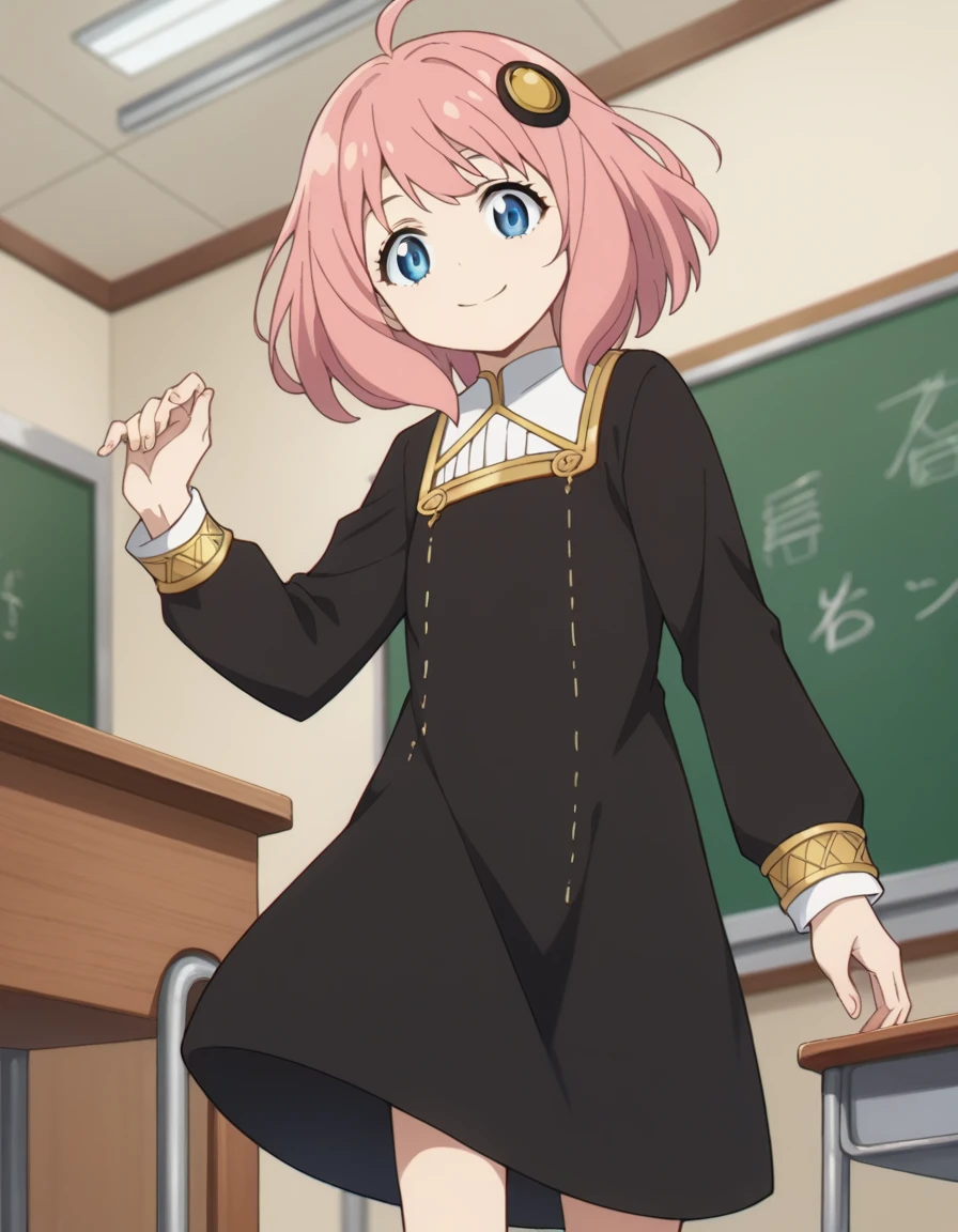 score_9, score_8_superior, score_7_superior, sauce_anime,
Anya Forger, Anya Forger, Anya Forger, bangs, Blue eyes, Pink Hair, Ahoge, hair ornaments, Hair Pod, , woman , smile,
Long sleeve, dress, , socks, black dress, Eden Academy ,
indoor, classroom,
View your viewers, Cowboy Shot, Dutch Angle,