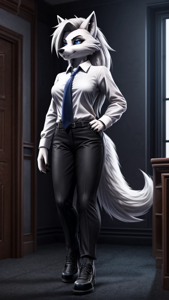Loona from Helluva Boss, female wolf, anthro, mature adult, soft white short hair with ponytail, blindfolded, tall, muscular, white shirt, black cargo pants, black boots, solo, beautiful, high quality, precise, full body, 4K