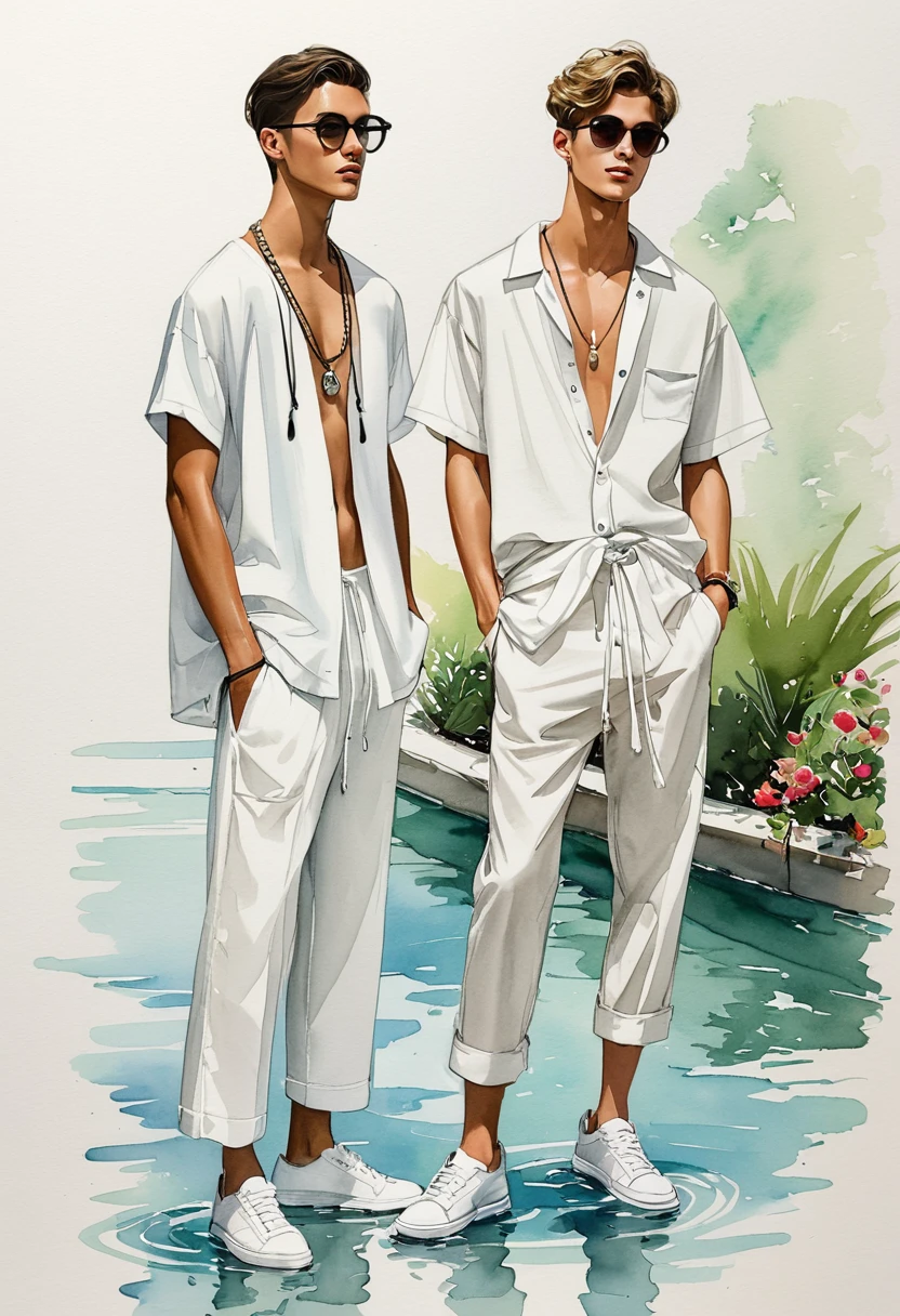 candid fashion illustration of two young mixed male supermodel, both aged 20 year old, ((showcase fashion look book in a White rayon outfits)), inspired by rose garden, in elegant young and chic bohemian style. The man wears an oversized short-sleeved white shirt with a minimal lace details, paired with relaxed-fit white Sports pants with Drawstring, He completes his look with white sneakers and round glasses. The 2man complements him in a white cotton woven outfit with  lace details, He ensemble includes an accessorizes with a brimmed straw bag, pom-pom necklace and white sneakers. Captured in a low angle, ((full-body image)), ((imperfect water color background)), sketching, realistic drawing, ((imperfect water color drawing)), fashion look book, fashion illustrator, sketch design, Jacquemus, Chiangmai,