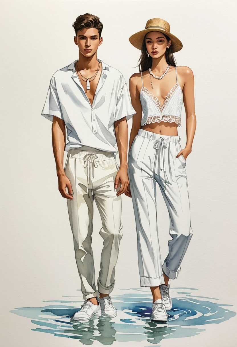 candid fashion illustration of two young mixed male supermodel, both aged 20 year old, ((showcase fashion look book in a White rayon outfits)), inspired by rose garden, in elegant young and chic bohemian style. The man wears an oversized short-sleeved white shirt with a minimal lace details, paired with relaxed-fit white Sports pants with Drawstring, He completes his look with white sneakers and round glasses. The 2man complements him in a white cotton woven outfit with  lace details, He ensemble includes an accessorizes with a brimmed straw bag, pom-pom necklace and white sneakers. Captured in a low angle, ((full-body image)), ((imperfect water color background)), sketching, realistic drawing, ((imperfect water color drawing)), fashion look book, fashion illustrator, sketch design, Jacquemus, Chiangmai,