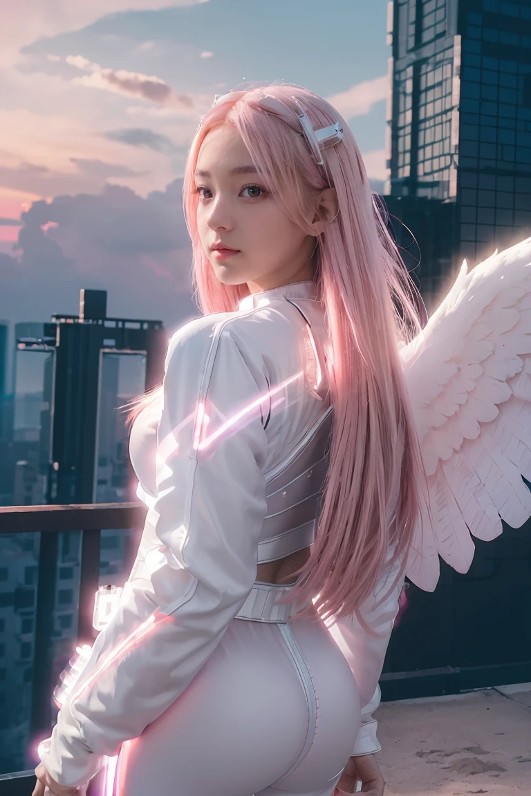 ((masterpiece, best quality, extremely detailed), volumetric lighting, ambient occlusion, colorful, glowing),
1girl, solo, young girl, (pink hair), long hair, halo, aura, sacred, godness, cyber suit, (white outfit:1.3), android, bot, angel wings,
outdoors, sunset, sky, clouds, space, (cyberpunk theme:1.2),