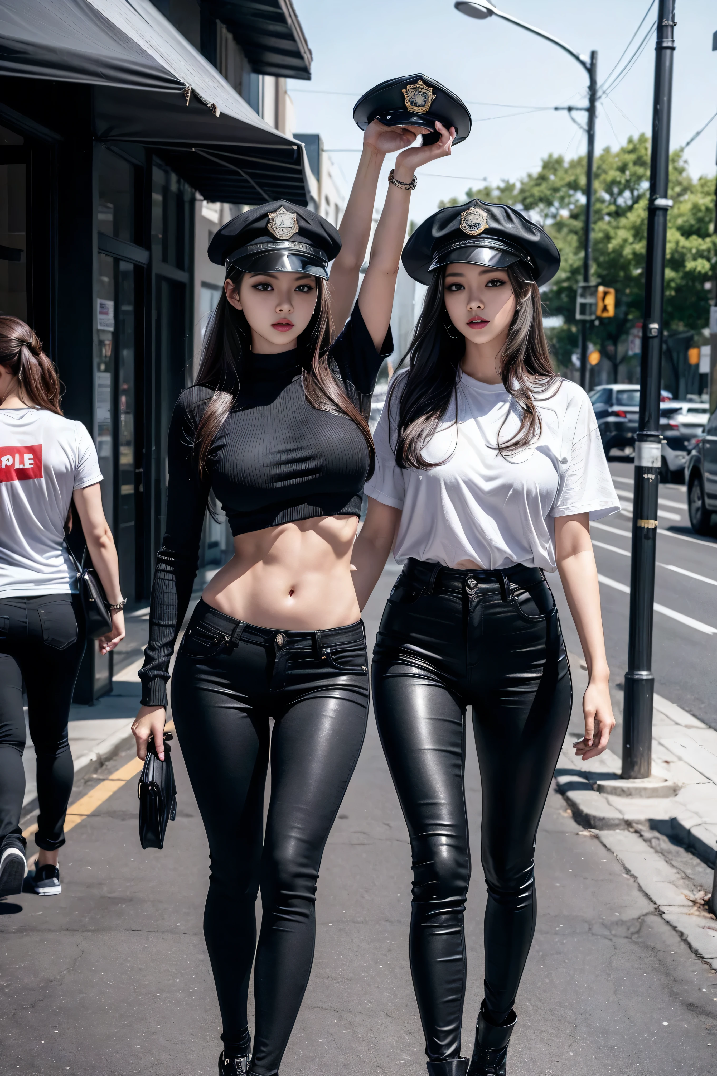 Physically Based Rendering, (1个female孩:1), female, (beautiful:1.2), street, Sexy muscular body, Slim waist, (Big Shot:1.Keep, Tight black pants, Dressed in America,Wearing a police hat,