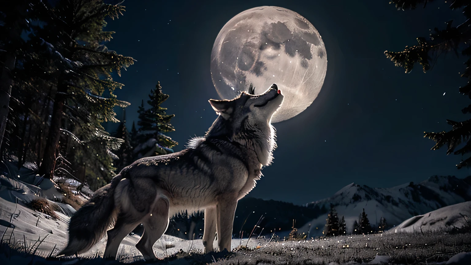 A gray wolf howling at the full moon, The gray wolf is an emblematic animal of the forests and mountains of North America. He howls at the moon to communicate with his pack, creating a magical and mystical atmosphere. the stars shine in the night sky, creating reflections in the wolf'eyeballs. Image in format 2560 x 1440 pixels.