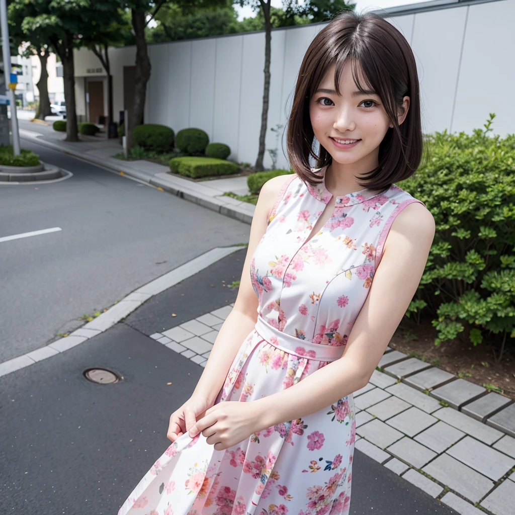 Highest quality,a girl, one girl,solo focus,4K,8K,Realistic,Japanese women,一人のJapanese women,26 years old,Clear,kind,Beautiful eyes,smile,smaile,teeth,short brown hair,Large Breasts,healthy,positive,Very detailed,Pink floral dress,In the background, people are walking along a cobblestone road.,one girl