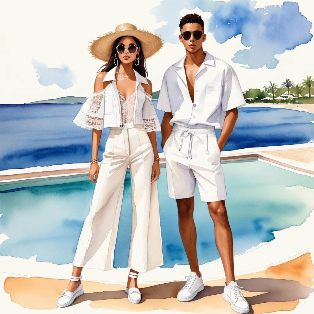 candid fashion illustration of young Mixed race man and woman, both aged 25 year old, ((showcase fashion look book in a White outfits)), inspired by Jacquemus's resort collection 2020, in elegant young bohemian style. The man wears an oversized short-sleeved bowling shirt lace details, paired with relaxed-fit white Wide Leg and Baggy short, Regular fit for comfortable and a classic silhouette. He completes his look with white sneakers and bucket hat and round sunglasses. The woman complements him in a white Ankle-length mini dress, in cotton woven fabric featuring a round, frill-trimmed neckline with minimal lace detail, Her ensemble includes an accessorizes with a wide-brimmed straw hat, white sneakers, Captured in a dynamic angle, ((full-body image)), ((imperfect water color background)), sketching, realistic drawing, imperfect water color drawing, fashion look book, fashion illustrator, sketch design, Jacquemus, 