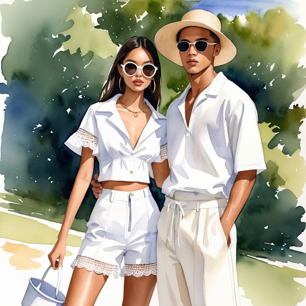 candid fashion illustration of young Mixed race man and woman, both aged 25 year old, ((showcase fashion look book in a White outfits)), inspired by Jacquemus's resort collection 2020, in elegant young bohemian style. The man wears an oversized short-sleeved bowling shirt lace details, paired with relaxed-fit white Wide Leg and Baggy short, Regular fit for comfortable and a classic silhouette. He completes his look with white sneakers and bucket hat and round sunglasses. The woman complements him in a white Ankle-length mini dress, in cotton woven fabric featuring a round, frill-trimmed neckline with minimal lace detail, Her ensemble includes an accessorizes with a wide-brimmed straw hat, white sneakers, Captured in a dynamic angle, ((full-body image)), ((imperfect water color background)), sketching, realistic drawing, imperfect water color drawing, fashion look book, fashion illustrator, sketch design, Jacquemus,