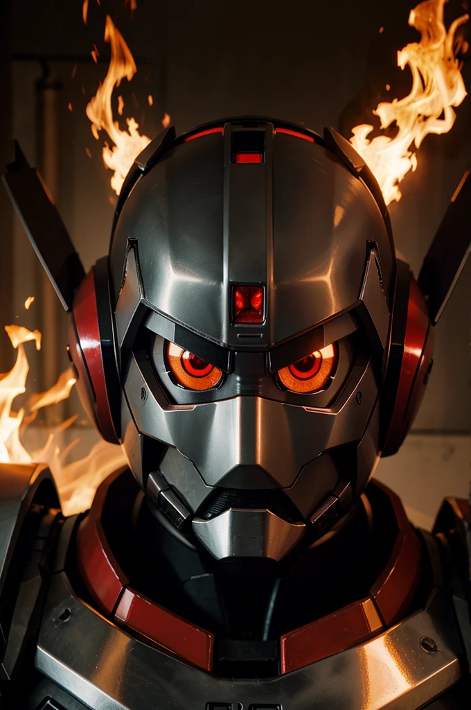 Super robot head with red eyes and burning fire