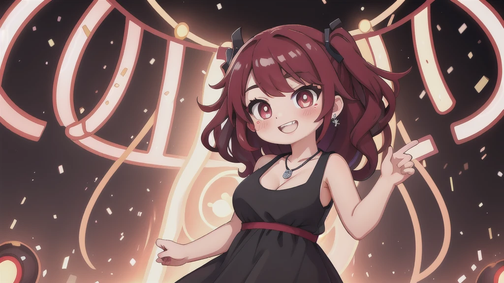 anime panel,whole body , 1girl,solo Korean, long black curly hair with red highlights, red, slanted eyes, casual clothes, black tank top, ear piercing, necklace, hair illuminated by party lights, party background, long chic dress, smiling showing teeth, blushing