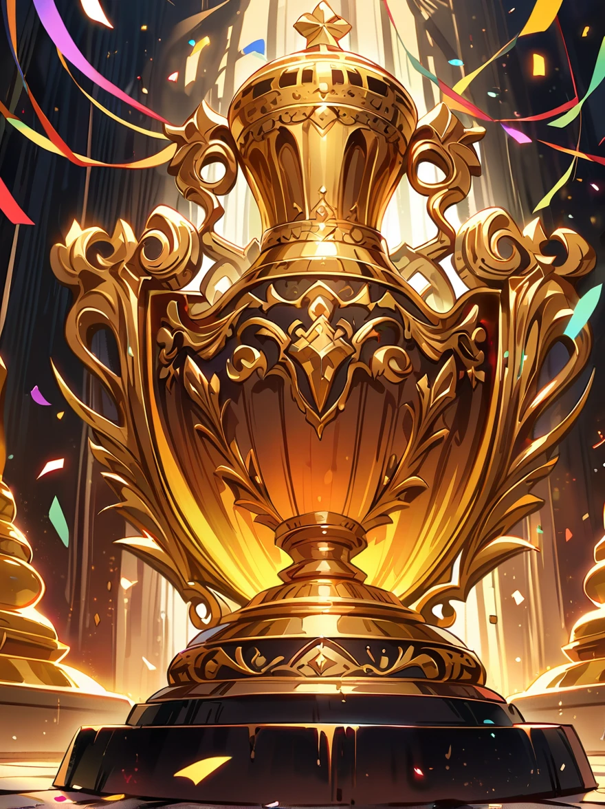 Golden Trophy, (Big things, The Shining, Golden Trophy,Exquisite detailing and carving),Looks expensive,highly polished surfaces,Sparkling under the lights,emitting a soft glow,Great craftsmanshipと細部へのこだわりが感じられる,Standing on Solid Foundations,Understand the essence of victory and achievement,With ornate handle and decorative base,Highest Quality Materials,Carefully made，Great craftsmanship,Awarded to the winner, Symbol of victory and success,A symbol of excellence and hard work,Inspiring and honorable,Inspires awe and admiration,Colorful confetti and streamers in the background,Festive mood,Filled with a sense of accomplishment and pride,Smooth surfaces reflect the surrounding environment,Focus on capturing the audience&#39;s attention,Perfect balance and proportions,Beautifully made，permanent,Conveying dignity and ambition,Demonstrating dedication and skill,Can evoke a variety of emotions,From admiration to motivation and determination,Emphasize the importance of achieving your goals,A vivid reproduction of the golden age of victory.