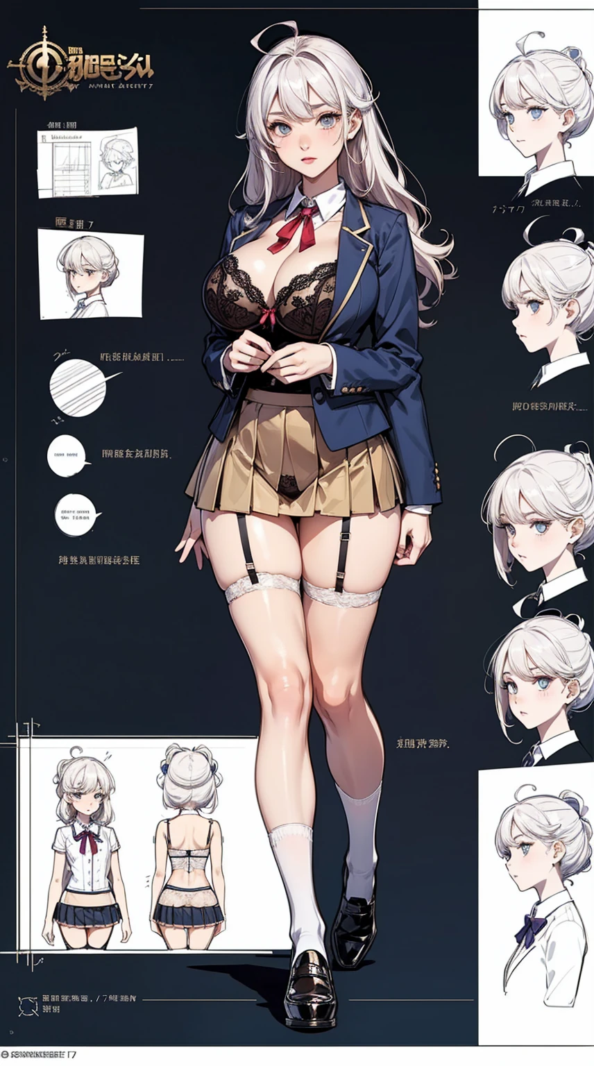 girl, alone, whole body, From head to toe, Are standing, (Huge_chest:1.3),
Character design sheet, Character Reference Sheet, 設計図のSchematic, Drafting, Blueprint, Schematic,
((Character design sheet:1.7, Character Reference Sheet:1.7,)),
anime/cartoon character wearing a girls , 1girl, alone, Thigh-high socks, blazer burezaa (blazer), Ahoge, Long Hair, bow, , shoes, loafers, ribbon, (Very short skirt:1.4), (lingerie:1.5),