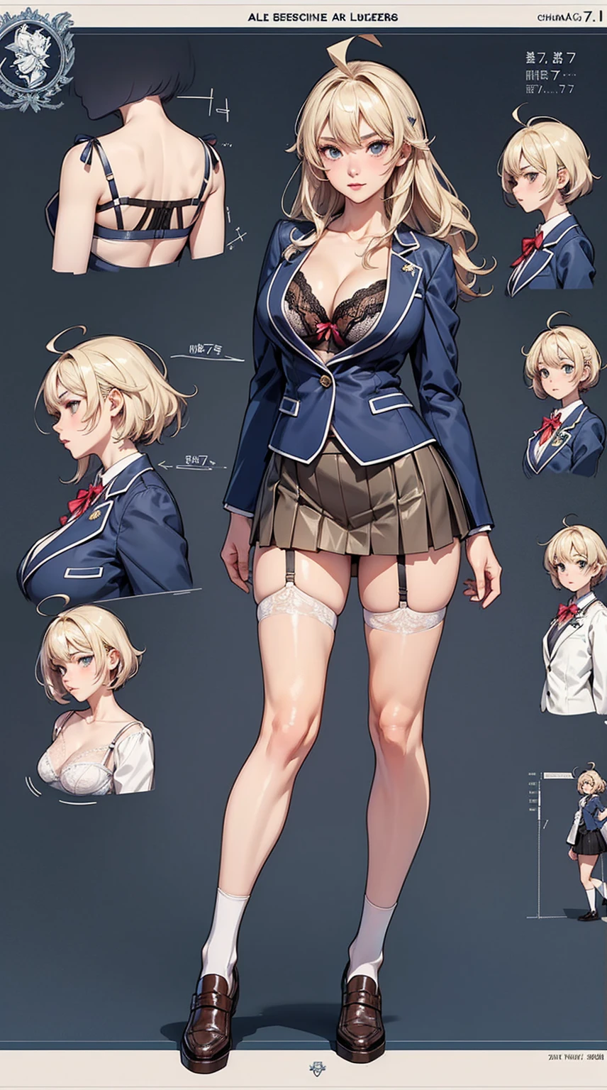 girl, alone, whole body, From head to toe, Are standing, (Huge_chest:1.3),

Character design sheet, Character Reference Sheet, 設計図のSchematic, Drafting, Blueprint, Schematic,
((Character design sheet:1.7, Character Reference Sheet:1.7,)),

anime/cartoon character wearing a girls , 1girl, alone, Thigh-high socks, blazer burezaa (blazer), Ahoge, Long Hair, bow, , shoes, loafers, ribbon, (Very short skirt:1.4), (lingerie:1.5),