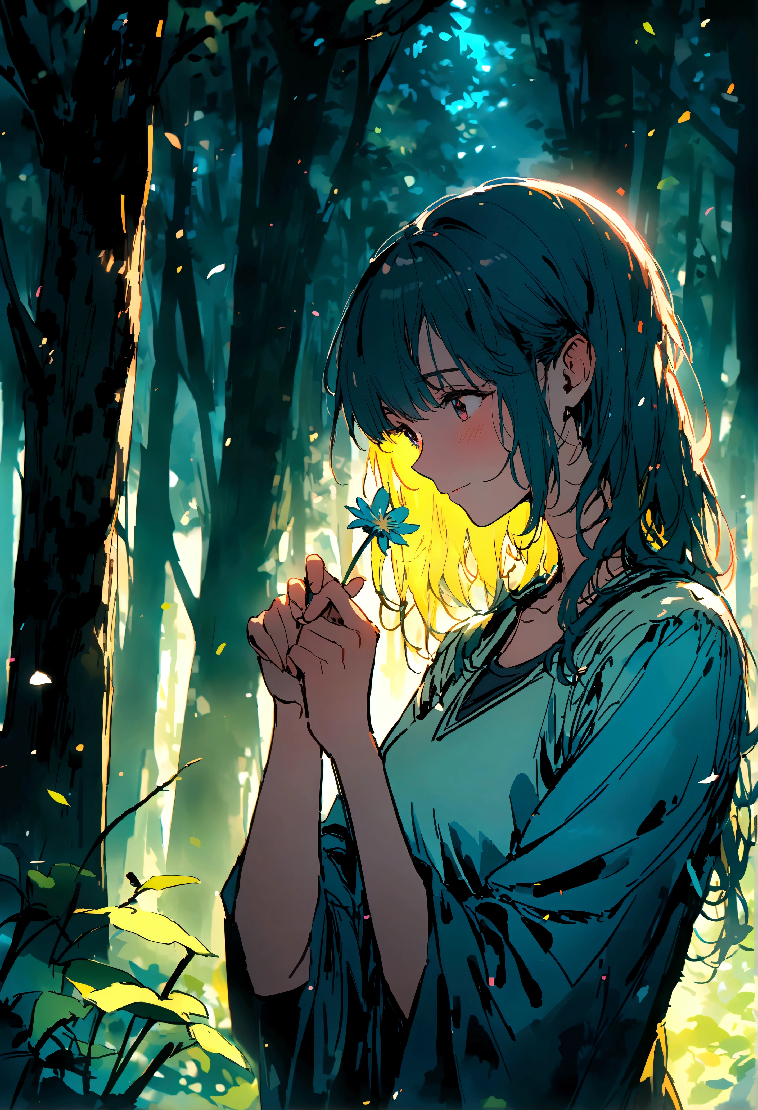 picking flowers, In the woods, ,Vibrant colors,Soft lighting