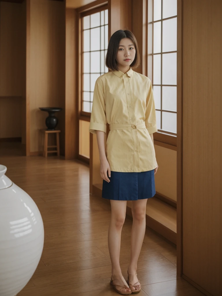 her name is Asako, high quality, 1girl, ((20-year-old fit Caucasian woman)), ((20 years old)), ((slim)), ((Korean Short Bob)), pose: standing, wearing Contemporary Generation-Z modern wear different colored, BACKGROUND: "Inside a traditional teahouse, experiencing a serene tea ceremony."