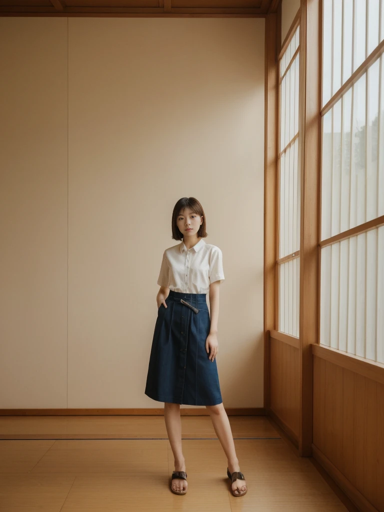 her name is Asako, high quality, 1girl, ((20-year-old fit Caucasian woman)), ((20 years old)), ((slim)), ((Korean Short Bob)), pose: standing, wearing Contemporary Generation-Z modern wear different colored, BACKGROUND: "Inside a traditional teahouse, experiencing a serene tea ceremony."