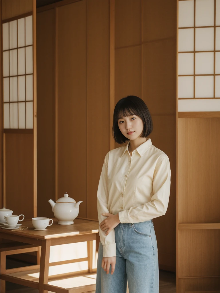 her name is Asako, high quality, 1girl, ((20-year-old fit Caucasian woman)), ((20 years old)), ((slim)), ((Korean Short Bob)), pose: standing, wearing Contemporary Generation-Z modern wear different colored, BACKGROUND: "Inside a traditional teahouse, experiencing a serene tea ceremony."