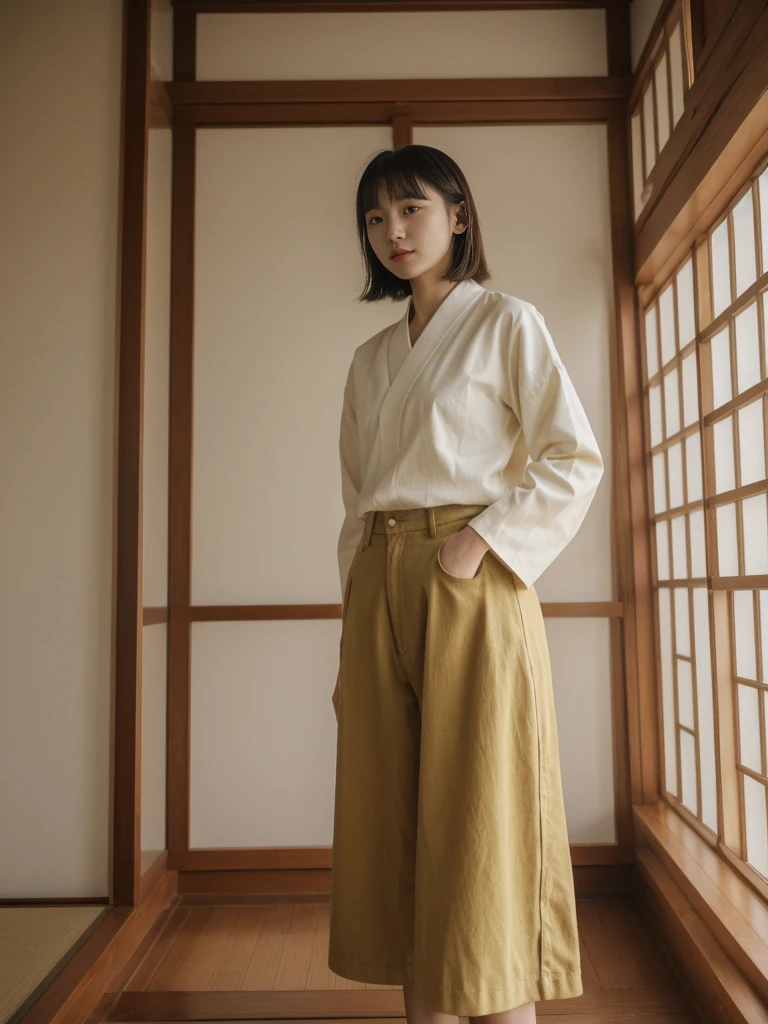 her name is Asako, high quality, 1girl, ((20-year-old fit Caucasian woman)), ((20 years old)), ((slim)), ((Korean Short Bob)), pose: standing, wearing Contemporary Generation-Z modern wear different colored, BACKGROUND: "Inside a traditional teahouse, experiencing a serene tea ceremony."