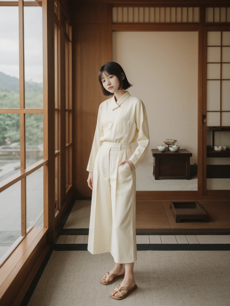 her name is Asako, high quality, 1girl, ((20-year-old fit Caucasian woman)), ((20 years old)), ((slim)), ((Korean Short Bob)), pose: standing, wearing Contemporary Generation-Z modern wear different colored, BACKGROUND: "Inside a traditional teahouse, experiencing a serene tea ceremony."