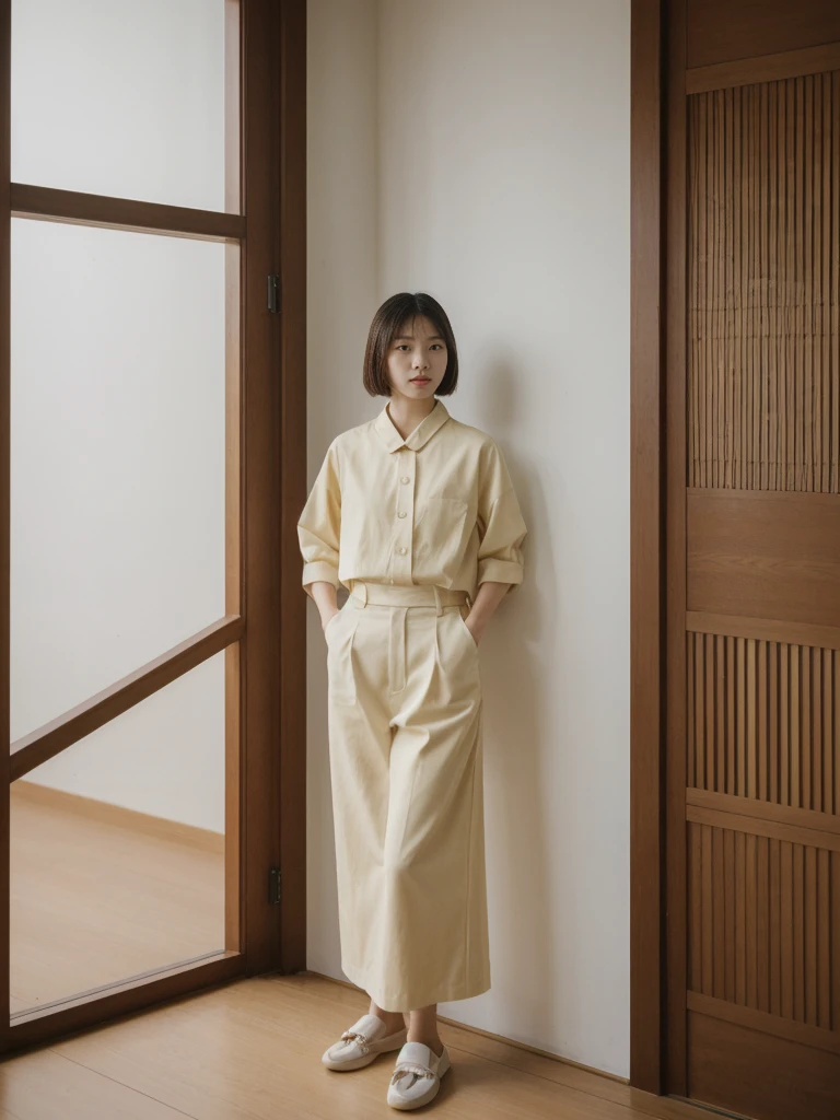 her name is Asako, high quality, 1girl, ((20-year-old fit Caucasian woman)), ((20 years old)), ((slim)), ((Korean Short Bob)), pose: standing, wearing Contemporary Generation-Z modern wear different colored, BACKGROUND: "Inside a traditional teahouse, experiencing a serene tea ceremony."