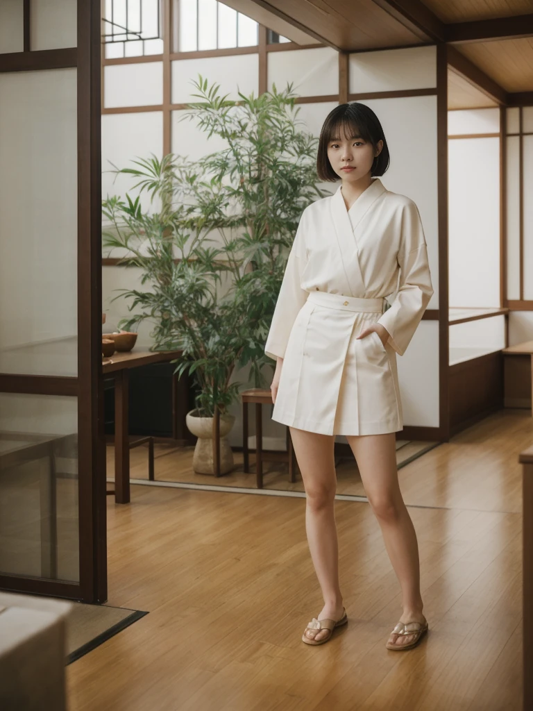 her name is Asako, high quality, 1girl, ((20-year-old fit Caucasian woman)), ((20 years old)), ((slim)), ((Korean Short Bob)), pose: standing, wearing Contemporary Generation-Z modern wear different colored, BACKGROUND: "Inside a traditional teahouse, experiencing a serene tea ceremony."