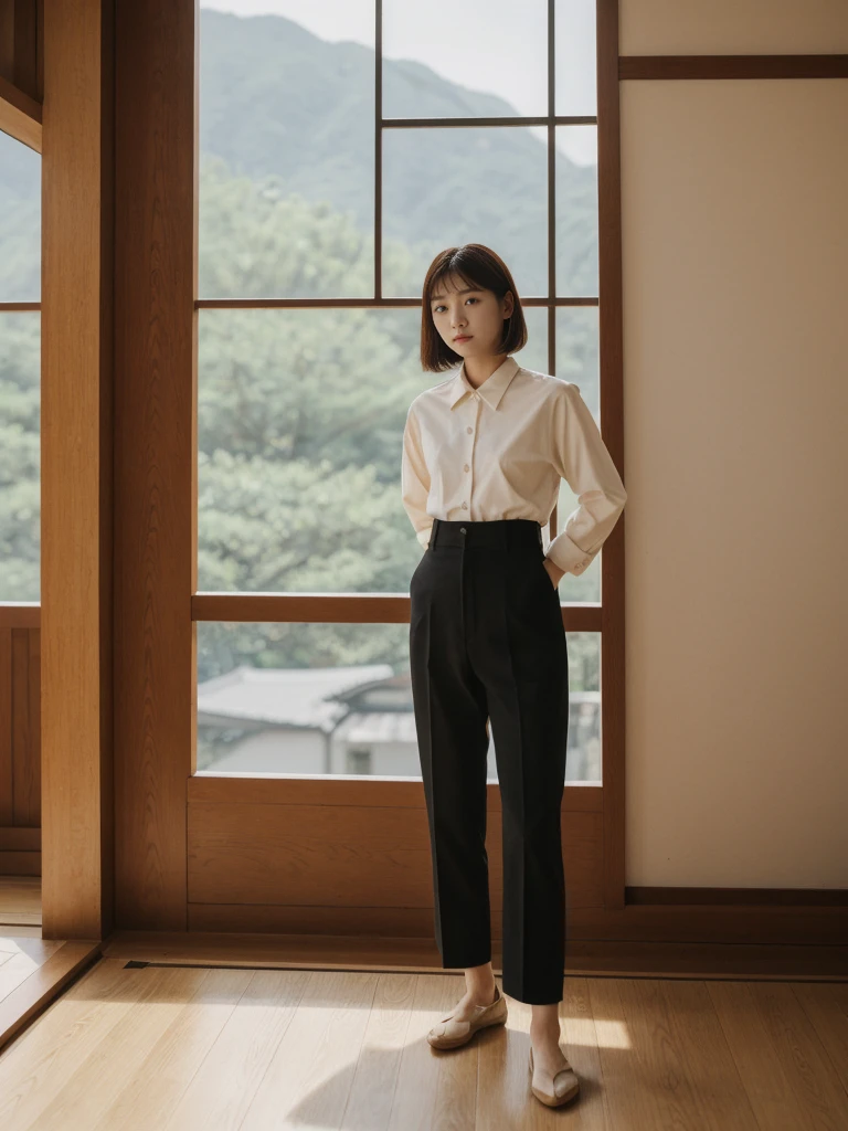 her name is Asako, high quality, 1girl, ((20-year-old fit Caucasian woman)), ((20 years old)), ((slim)), ((Korean Short Bob)), pose: standing, wearing Contemporary Generation-Z modern wear different colored, BACKGROUND: "Inside a traditional teahouse, experiencing a serene tea ceremony."