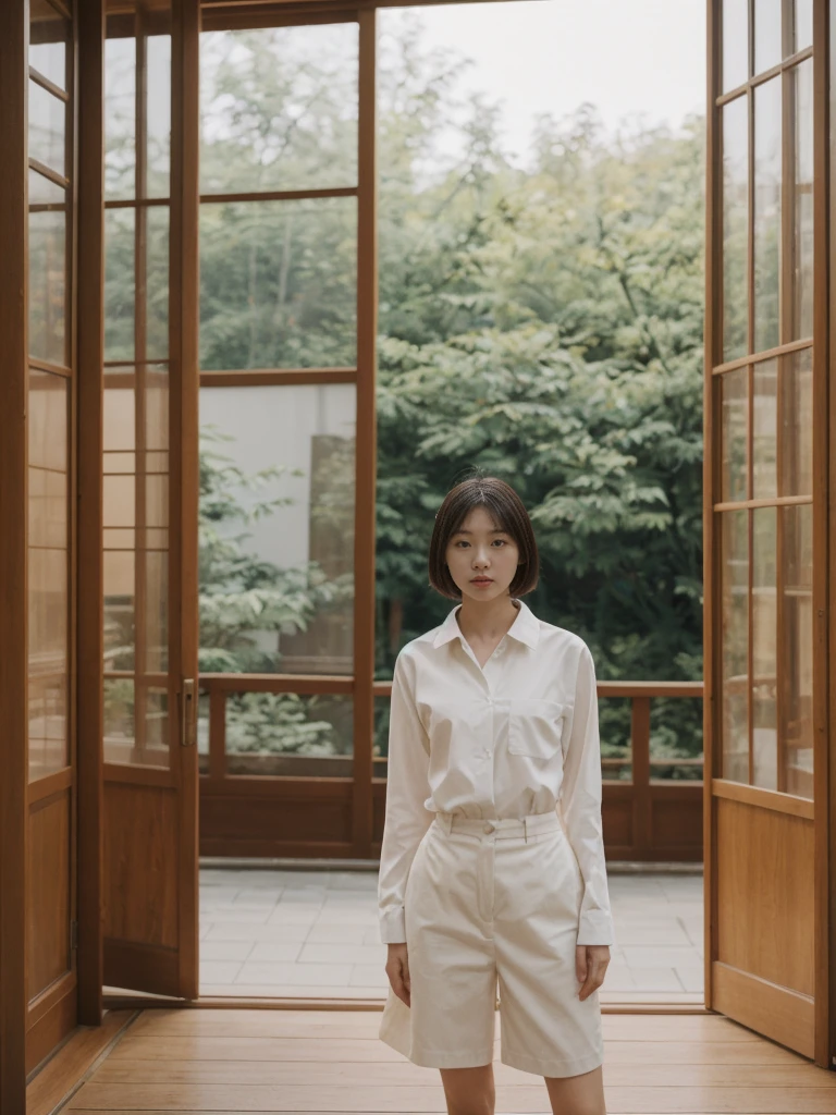 her name is Asako, high quality, 1girl, ((20-year-old fit Caucasian woman)), ((20 years old)), ((slim)), ((Korean Short Bob)), pose: standing, wearing Contemporary Generation-Z modern wear different colored, BACKGROUND: "Inside a traditional teahouse, experiencing a serene tea ceremony."
