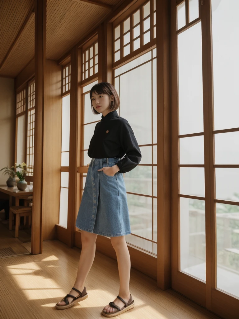 her name is Asako, high quality, 1girl, ((20-year-old fit Caucasian woman)), ((20 years old)), ((slim)), ((Korean Short Bob)), pose: standing, wearing Contemporary Generation-Z modern wear different colored, BACKGROUND: "Inside a traditional teahouse, experiencing a serene tea ceremony."