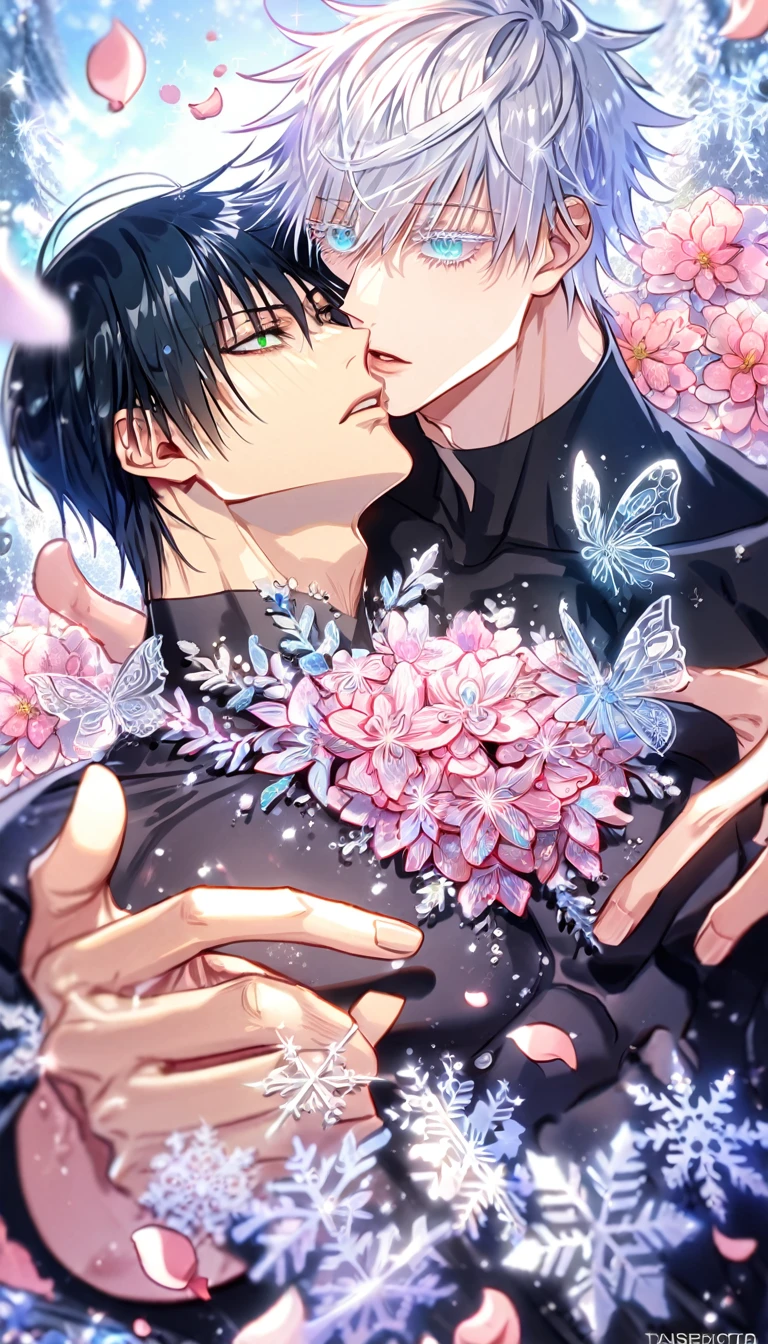 Ultra detailed, HDR, Highres, absurdres, master piece, Fushiguro Touji, black straight hair, expressive green eyes, Gojou Satoru, white hair with bangs, expressive blue eyes, white eyelashes, Jujutsu Kaisen, two sexy man together, gay couple, yaoi, handsome, ice glittering butterflies, ice, petals, pink ice flowers, cute, glittering, water, fantasy, magical, snowflakes, cold, black tight shirt, toned chest