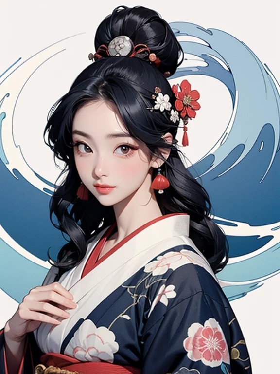 (Highest quality、masterpiece、High resolution、8K)、Ukiyo-e、Vibrant colors、Katsushika Hokusai、1 female、Black hair Japanese topknot、The kimono has a vivid floral pattern on a white background.、White waves and Mt. Fuji、White waves, the moon and a woman、Official Art、背景はUkiyo-e風