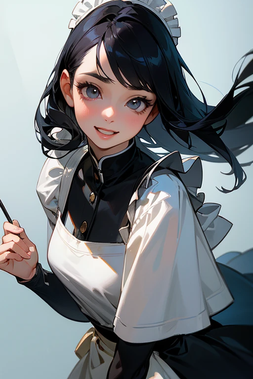 (Highest Resolution, clear_image) Highest quality, single, One woman, alone, masterpiece, Very detailed, Semi-realistic, Black Hairのショートヘア, Black Hair, bangs, 18-year-old, mature, Light blue , Indoor Background, kind, Authoritative, Powerful, exquisite features, exquisite features、Eyelashes become longer、Showing teeth、smile😀、Maid clothes、woman&#39;Fingers in the、(Eating watermelon)