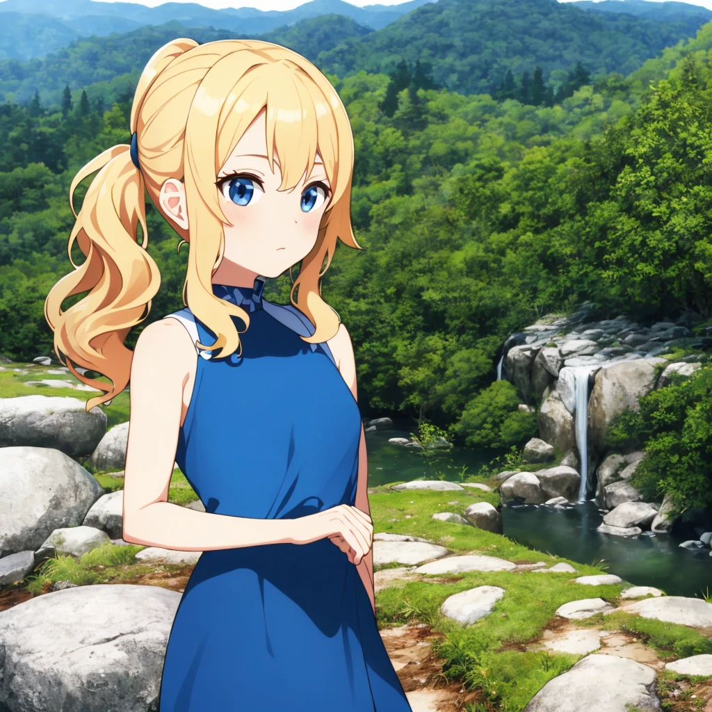 masterpiece, best quality, cute,
medium hair, blonde hair, wavy hair, side ponytail, blue eyes, dress, bare shoulders, flat breasts,
(forest:0.8), mountain, close-up,