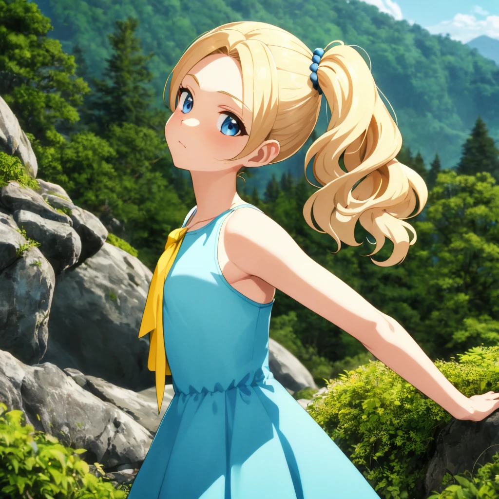 masterpiece, best quality, cute,
medium hair, blonde hair, wavy hair, side ponytail, blue eyes, dress, bare shoulders, flat breasts,
(forest:0.8), mountain, close-up,