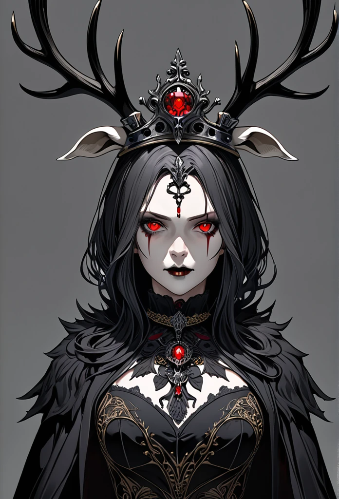 Gere imagens de: Masterpiece, best quality, ultra-detailed in 8K resolution, A detective with a macabre appearance, standing against a plain gray background. She has a deer skull atop her head like a crown, with eerie red eyes glowing beneath it. She wears a dark, gothic outfit, blending a sense of mystery and intimidation. Fine detail, high detail