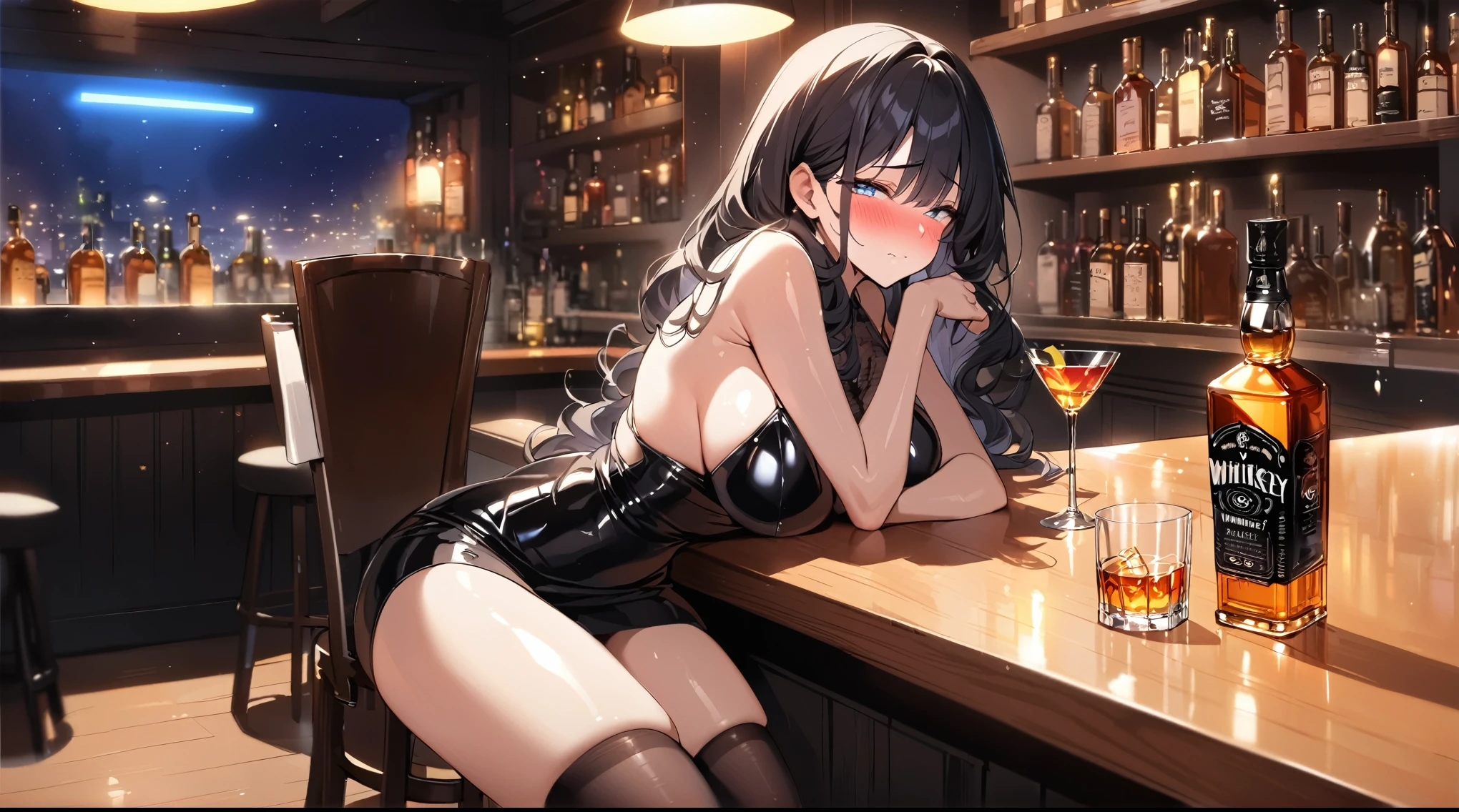 best quality, 4K, high resolution, masterpiece:1.2, Extremely detailed），Sad expression looking at the camera，Large Breasts,30 years old girl,独奏,black hair,long hair,blue eyes,(drunk,blush),sitting,drinking,((Mature sexy body))，Black stockings，Black tight skirt, Mature sexy body,holding mug,counter,pub,(Fashion bar) indoors, ((Cocktail Glass) Full of colorful wine), (dimly light room), Wine Bottle, Detailed background，Fluffy hair，((((Night scene background))))), (((at the bar))), wine, whiskey, High ball,(Shiny and glowing, Effect:1.2)