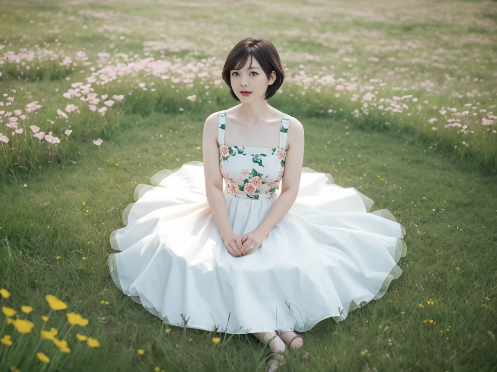 grassland,rosette,Girl sitting on the grass,flower ring,8K, best quality, realistic, very detailed,distance, Full Body Sbian, 36 years old, short medium hair