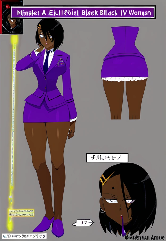 Make a evil military black anime woman in a purple skirt suit witha tie on full body